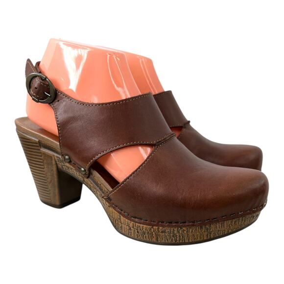 DANSKO Riley Cut Out Slingback Clog Platform Heels in Brown Leather W 8.5–9 - Picture 5 of 13